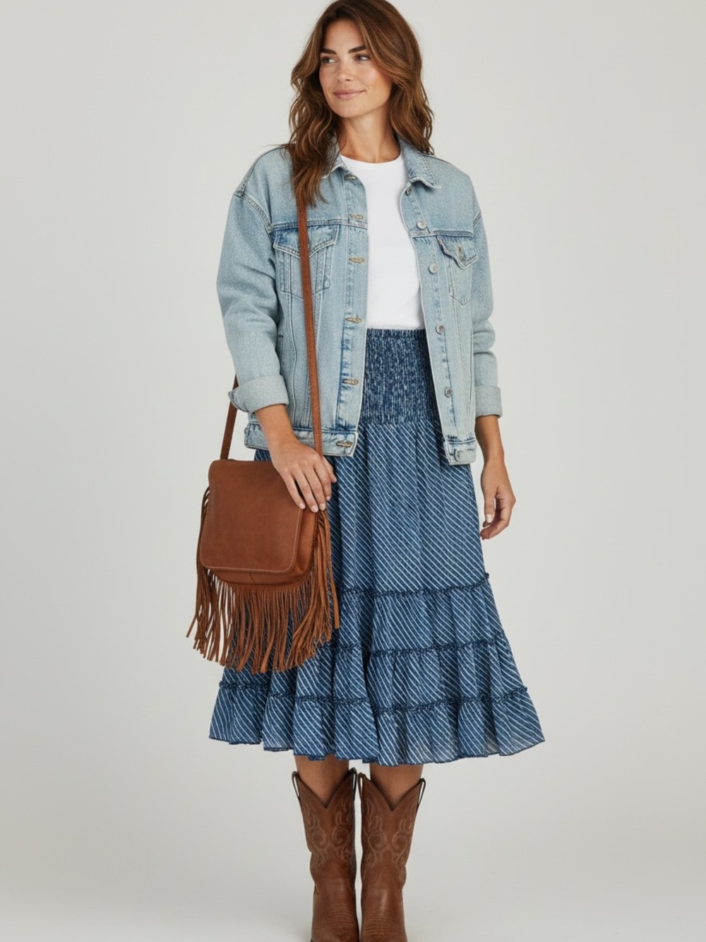 Boho Smocked Tiered Midi Skirt / Strapless Dress | Cotton Striped Ruffle